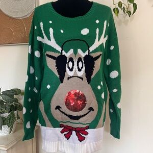 Festive Green Ugly Christmas Reindeer Sweater with Red Sequined Nose, Size 1X